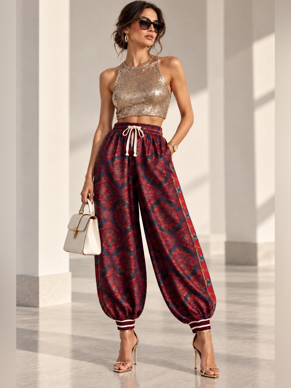 Gucci silk spice blue twill trouser jogger pants size M NWT